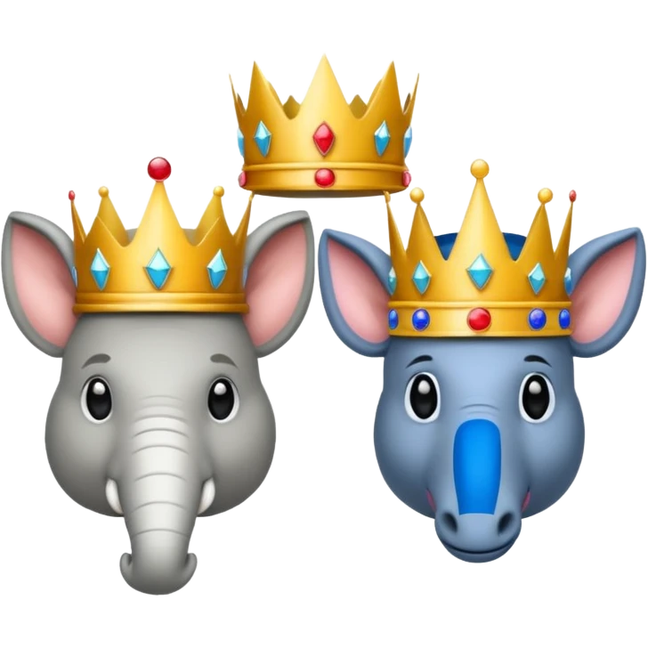 Democratic Party elephant facing Republican Party donkey with face of Donald Trump wearing a crown in between them emoji