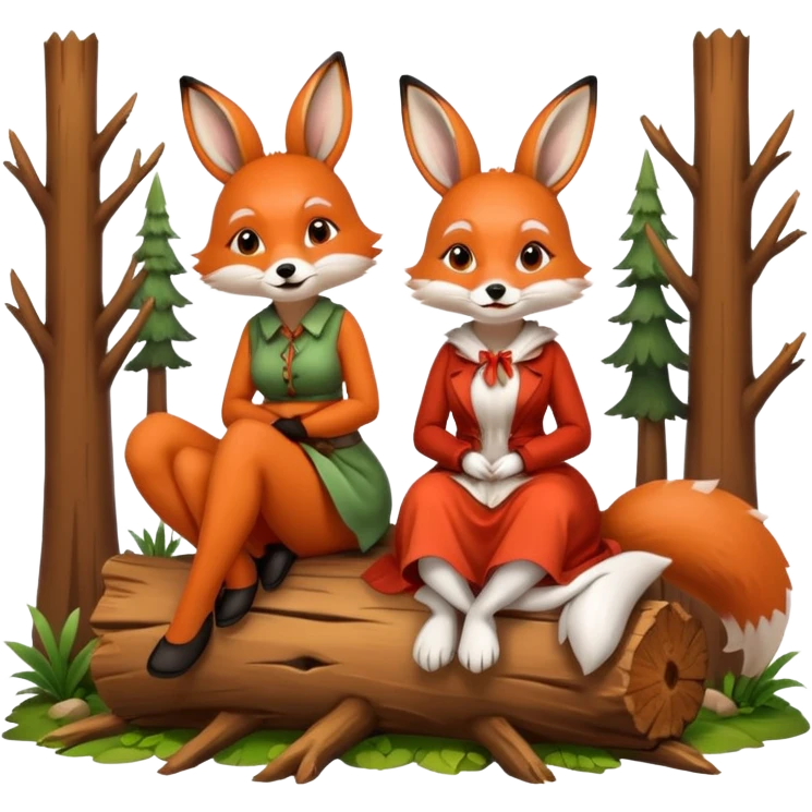 two forest women dressed as fox and rabbit sitting together on log emoji