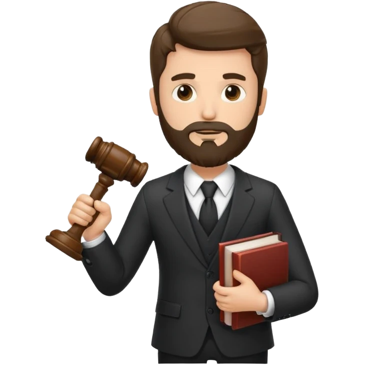 Create a male lawyer. he is wearing a fromal suit jckeret. He is holding a gavel in one hand and a book tucked under his another arm. He has beard. And the hair is kinda darker but not black emoji