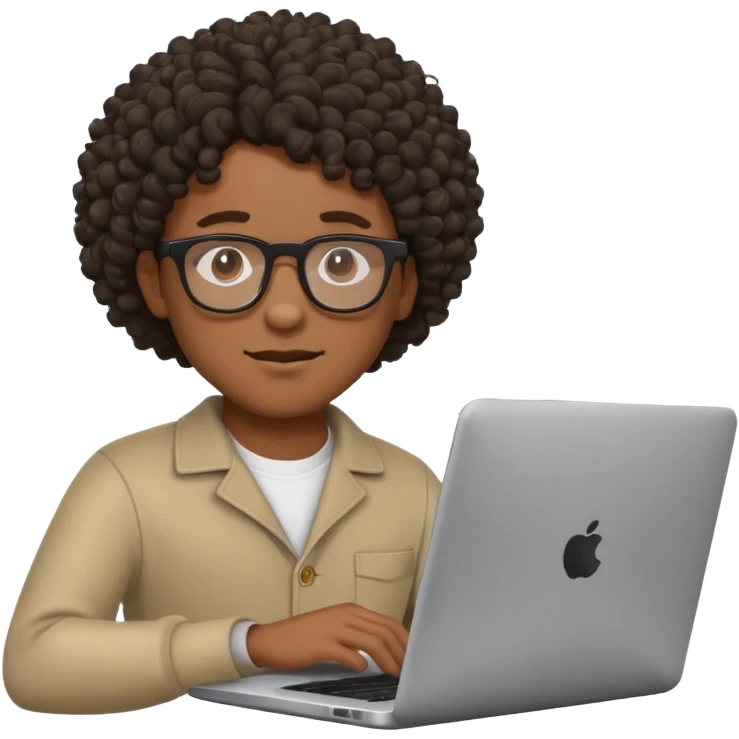 Black man with curly hair and glasses focused on a laptop, emoji style emoji