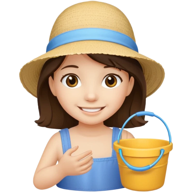 brunet kid girl with toy sand bucket wear sun hat emoji