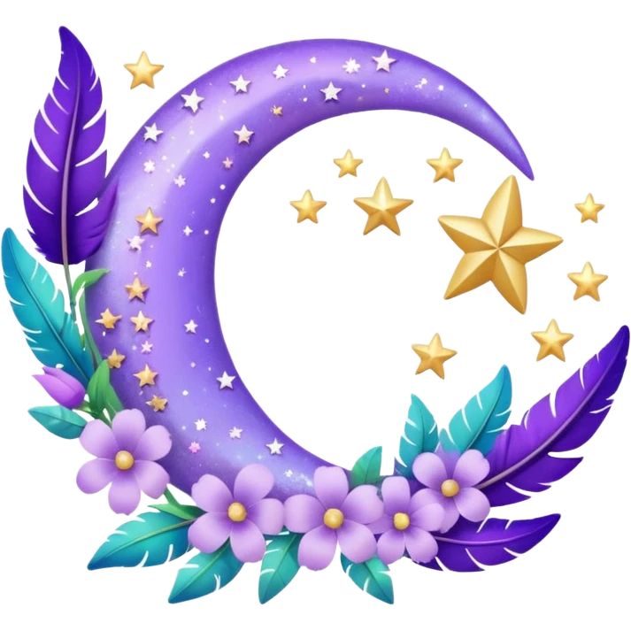 Beautiful poetic ethereal romantic aesthetic sparkly glittery shiny pretty floating pastel lilac lavender Violet crescent-moon and flowers and leaves and feathers and sparkles and stars aesthetic deco emoji