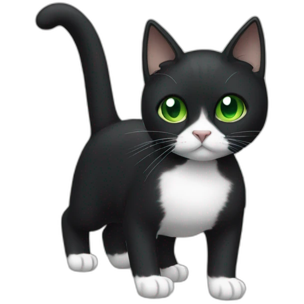 A black cat with green eyes with a white mustache, a white stripe on its nose, a full-length white breast and white paws emoji