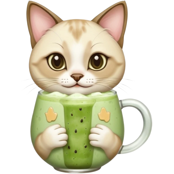 Happy Siamese Cat holding in its paws an iced matcha latte emoji