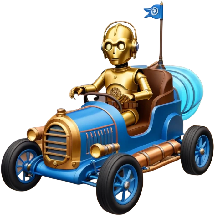  tarnished blue neon underglow C-3PO ghost buster 1964 delicately ornate rosegold wood barrel accents Model-T bucket powered by electric motors and batteries with racing safety belts while flying rapidly roughening terrain stable on strong agile advanced suspension and steering emoji