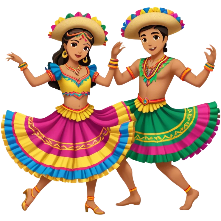 Cinematic Realistic scene of two dancers performing Cumbia, adorned in colorful traditional Colombian costumes with intricate details, captured in rhythmic motion with lively, festive lighting emoji