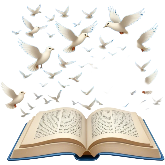 Icon for Poetry Reading: an open book with verses on the pages, from which fly pages transforming into a large flock of small white birds soaring into the blue sky. The icon should evoke the freedom and beauty of poetry. Transparent background. emoji