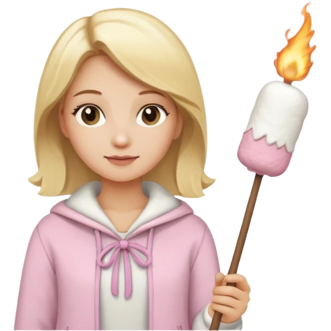 blonde woman cute clothes holding marshmallow stick emoji