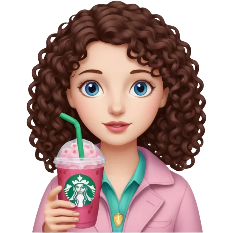 make an emoji of a loose curly brunette, blue-eye girl, wearing light pink drinking a strawberry acai refresher from starbucks emoji