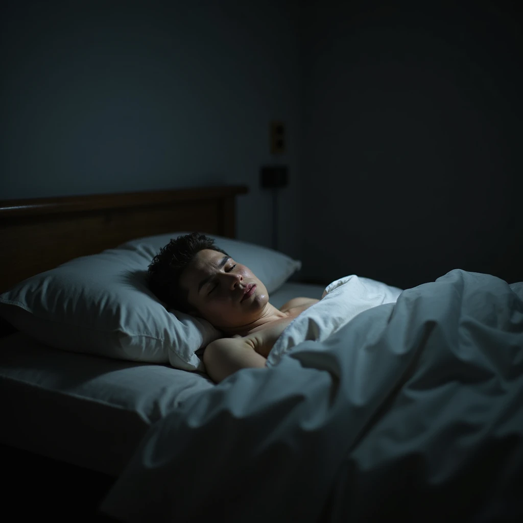 persona che si rigira nel letto, viso stanco e frustrato, difficoltà ad addormentarsi per squilibri di insonnia, stanza buia con luce soffusa, atmosfera realistica, dettagli iperrealistici, 4K emoji