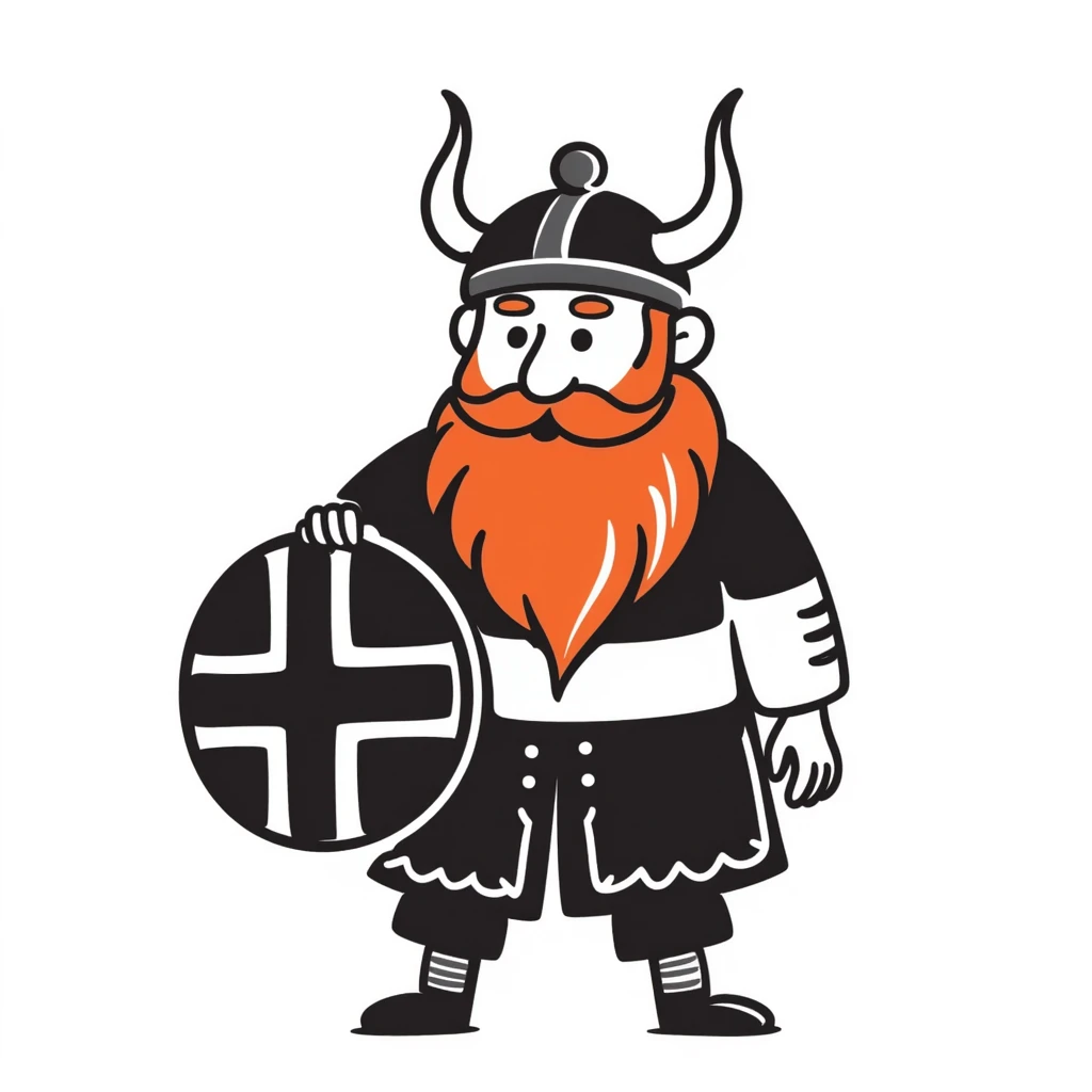 Norwegian Viking with red beard and helmet with horns. Holds a round shield with Norwegian pattern emoji
