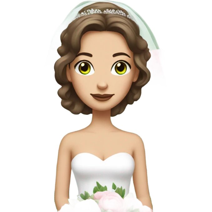 White bride with brunette hair and green eyes with light pink peonies in hair white skin emoji