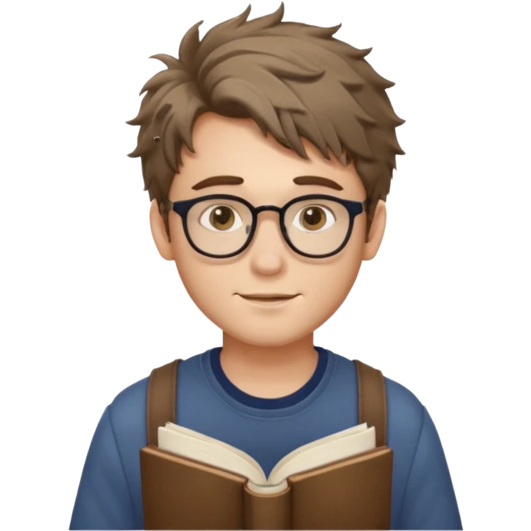 generate an ios genmoji of a fair 20 year guy with faint beard, spectacles, messy hair, books in hand emoji