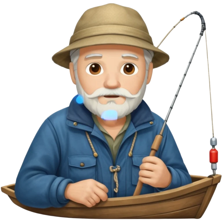 an old white haired, bearded man in fisherman attire, sat in a big boat on the ocean, casting a fishing line into the water emoji