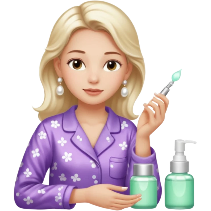 Clean girl aesthetic emoticons, apply skincare products, pearl earrings, glowing skin, pajamas, soft lighting emoji