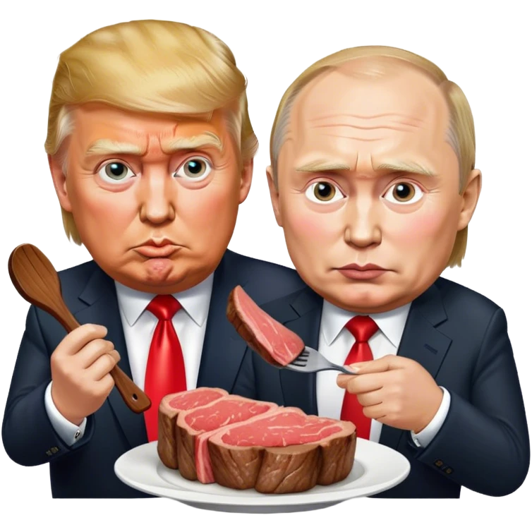 photorealistic Donald Trump and Putin eating a steak shaped like an piece of land emoji