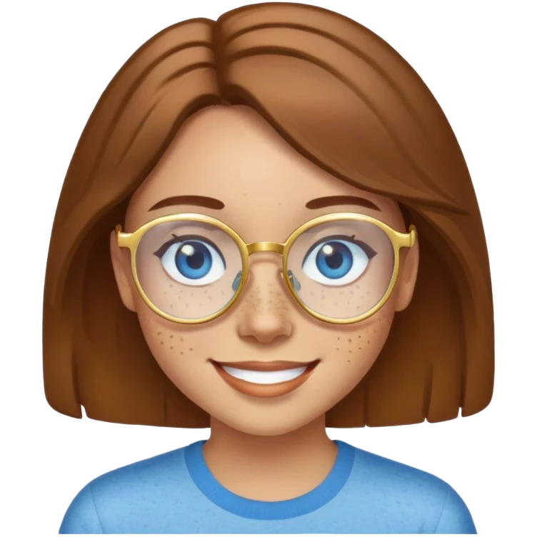 Girl with light skin, brown hair, blue eyes, freckles, and gold glasses smiling emoji