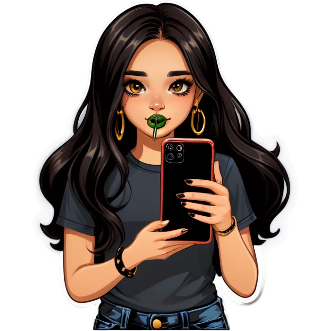 Beautiful young girl with dark choppy long hair flows as she holds her black phone with a gold septum ring that shines  emoji