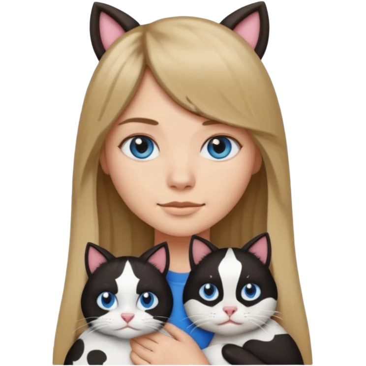 Apple-style emoji sticker of a young woman with long dark blond hair and bang, blue eyes , holding a cat black and white like a cow patch on her chest.  emoji