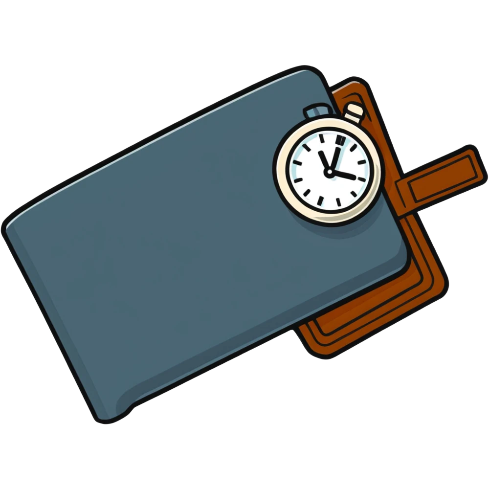 black wallet with a small clock hovering above it emoji