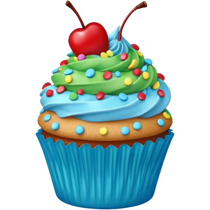 Cartoon Cupcake: blue cream, green paper, sprinkles with cherry on top  emoji