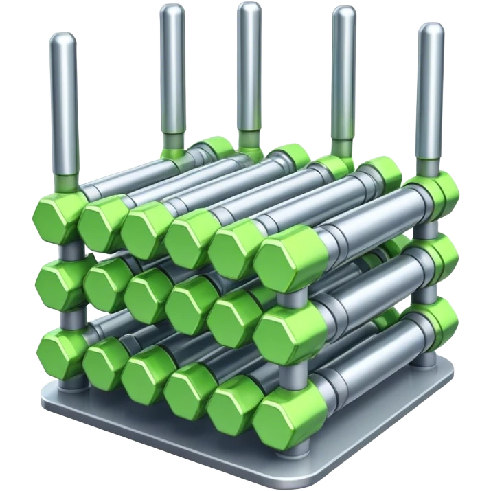A bundle of uranium fuel rods used in a nuclear reactor, with a metallic structure and cylindrical rods, arranged in a hexagonal grid, futuristic and industrial style emoji