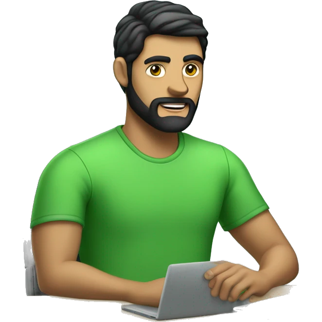 white guy with black hair thin face with beard typing in laptop wearing green t-shirt working in call center emoji