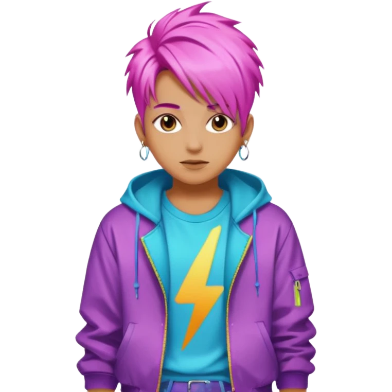 portrait of young idol in Kpop style, wearing flashy streetwear outfit, colorful dyed hair emoji