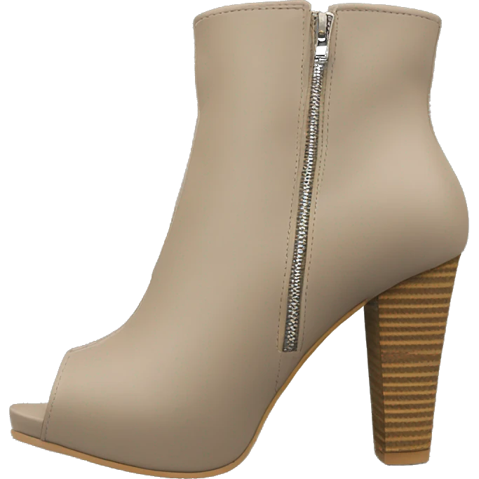 Realistic pair of taupe peep toe zip up bootie boots front facing. emoji