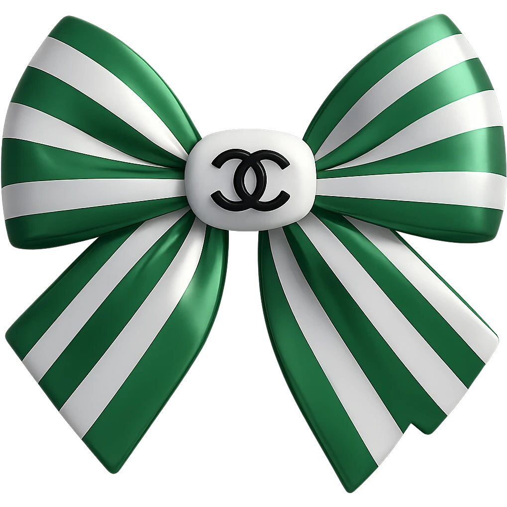 Change the striped bow to green and white stripes, keep the small white Chanel logo visible, make it luxurious, glossy, and in a 3D emoji style. Remove the background. emoji