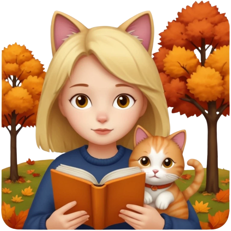 Girl with book and cat autumn vibe cozy emoji