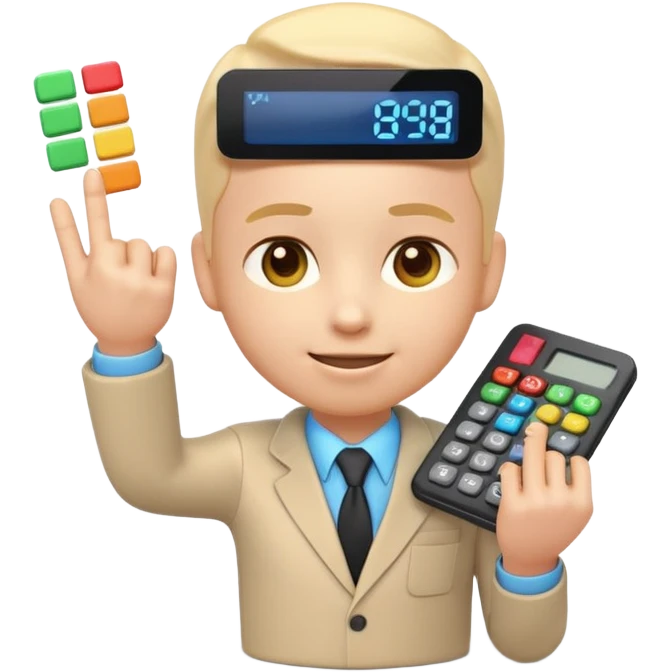 3D iPhone style emoji of a person using a calculator, finger pressing colorful buttons, digital display showing numbers, isolated on white background, soft shadows, high detail, playful and cute. emoji