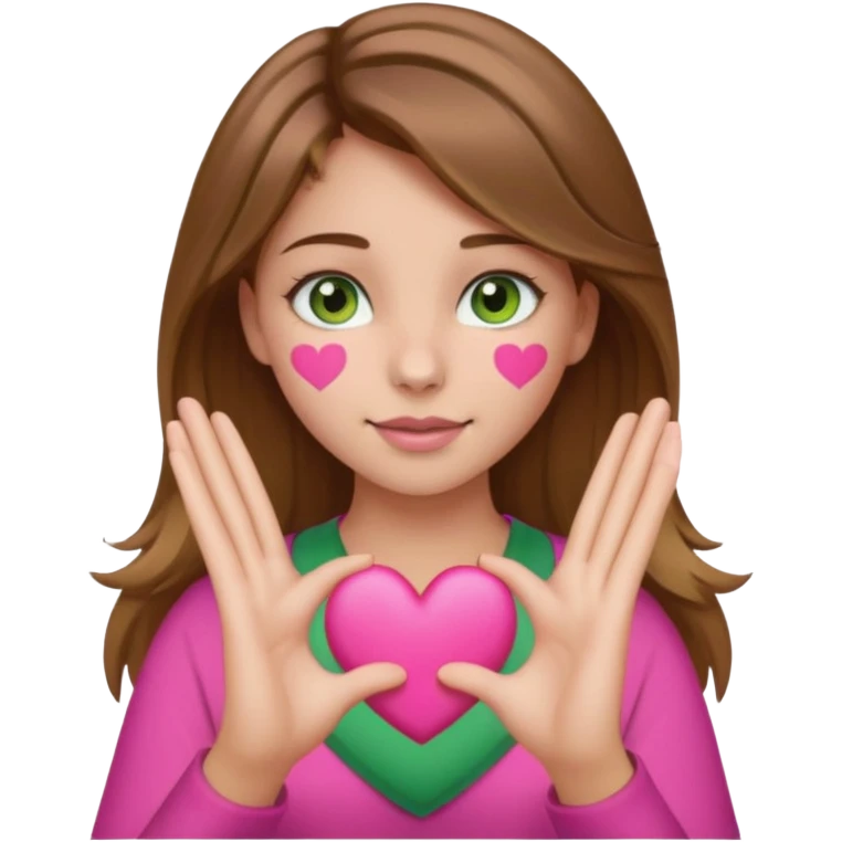 a girl with brown hair with blonde highlights brown and green eyes and a nose piercing and she is putting up the pink pulsing heart emoji with her hands emoji