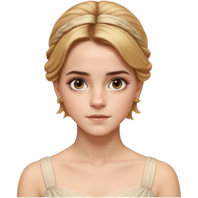 Cinematic Emma Watson Realistic Rococo Portrait, depicted with lifelike skin texture, subtle rosy undertones, and soft natural lighting that enhances the gentle contours of her face. Her intricately detailed golden blonde hair is elegantly styled in an updo, emoji