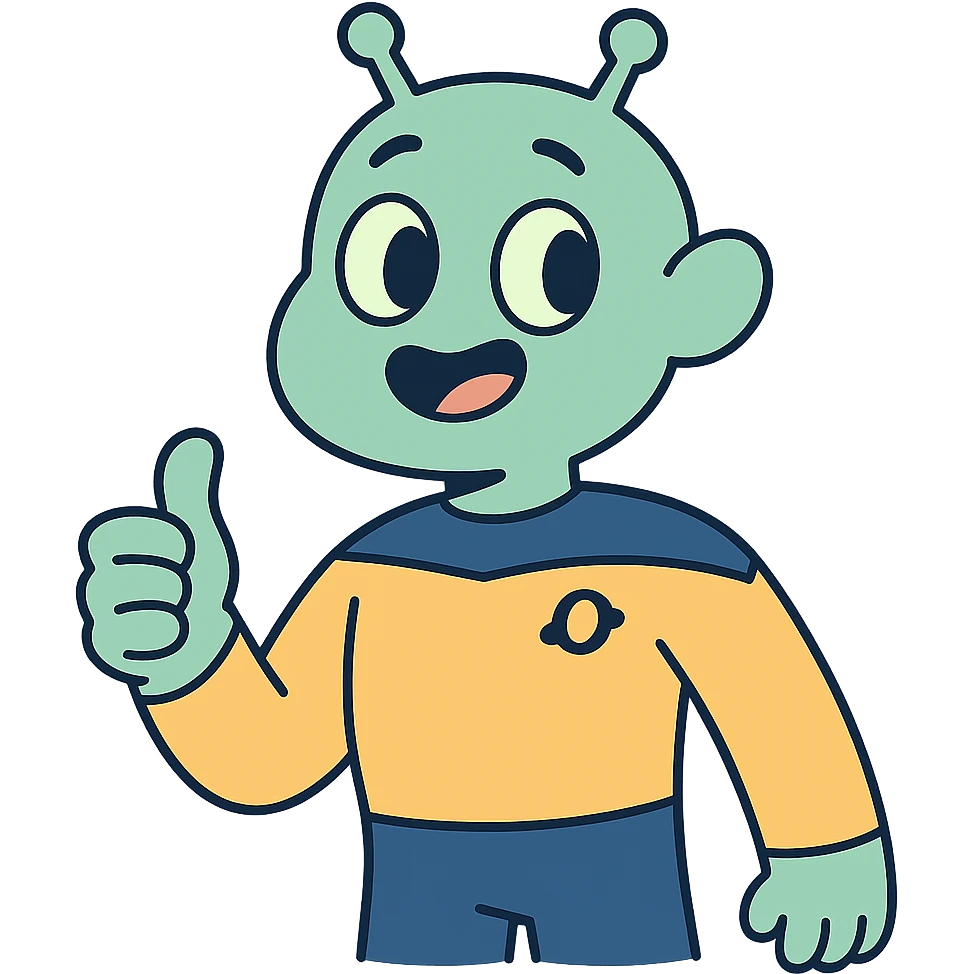 cheerful alien giving thumbs up in a crew uniform, pastel toon cartoon style emoji