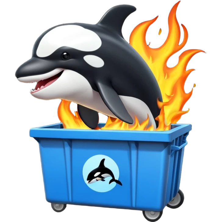 3d Cartoon orca coming out of a dumpster on fire emoji