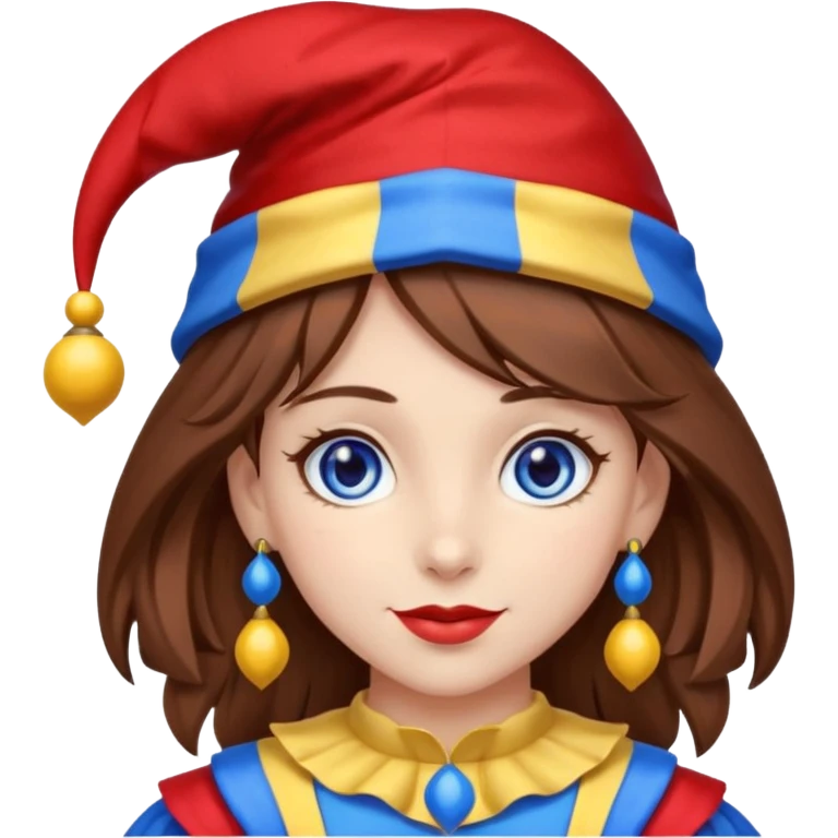 a girl A classic two-armed jester's hat with red and blue stripes, a yellow brim, and small yellow bells on the tips. brown hair blue and red eye's

 emoji