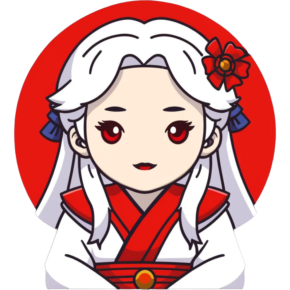 forty year old albino shrine maiden with white hair, red eyes, and pale face emoji
