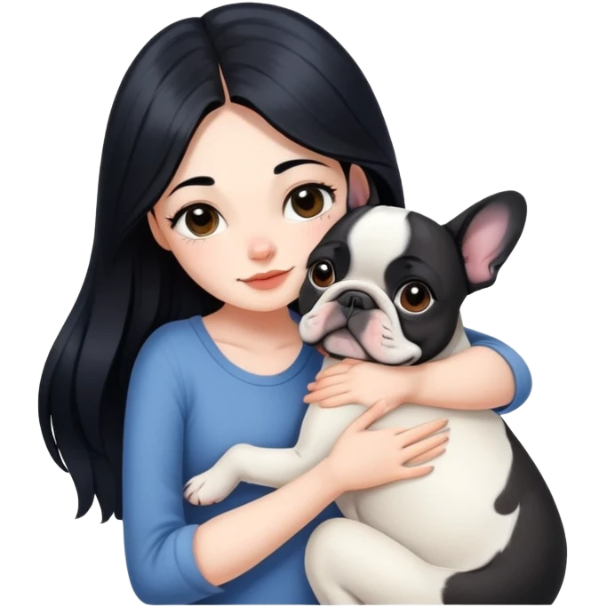A beautiful girl with long black hair hugs a French bulldog emoji