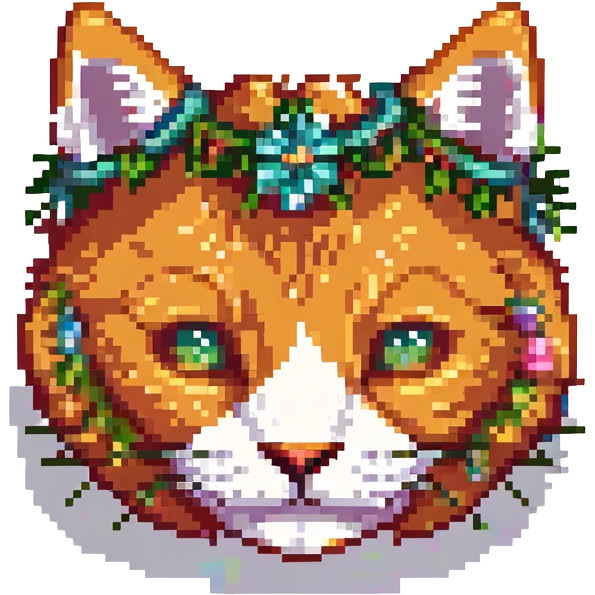 head of a ginger cat with a garland, pixel art emoji