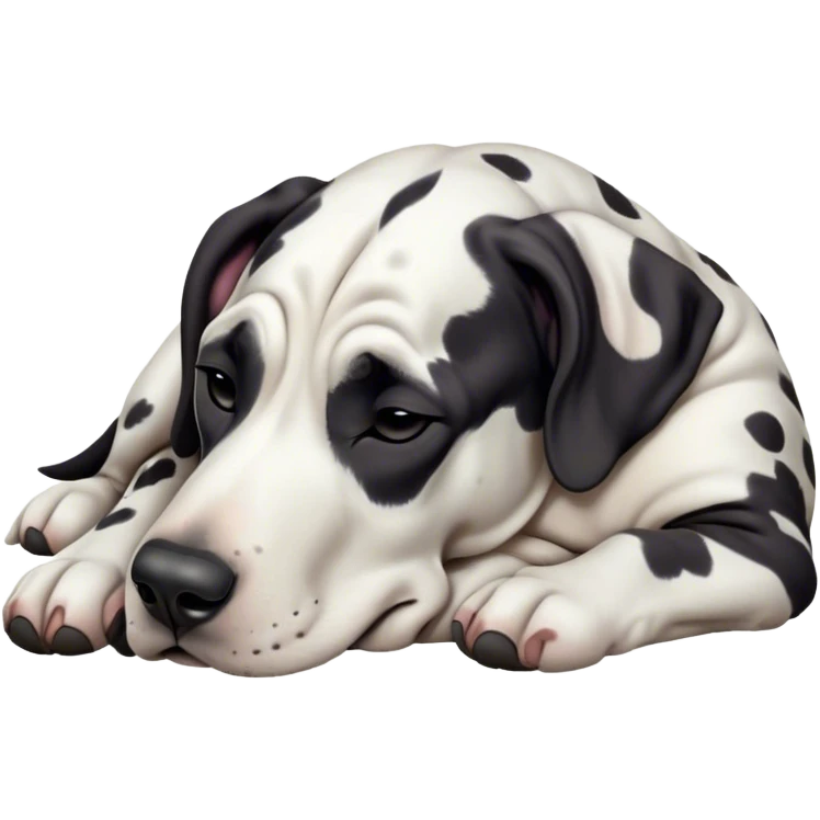 Meme-Worthy Cute Sleeping Harlequin Great Dane Portrait Emoji, Head resting peacefully with a contented smile, showcasing a delightfully majestic build and a luxuriously soft coat of predominantly white with bold black patches, eyes shut in a serene nap, Simplified yet hilariously adorable features, highly detailed, glowing with a soft, drowsy light, high shine, relaxed and utterly lovable, stylized with an air of playful laziness, bright and heartwarming, soft glowing outline, capturing the essence of a comically sleepy guardian, so meme-worthy it feels like it could instantly become the next viral sensation of adorable slumber! emoji