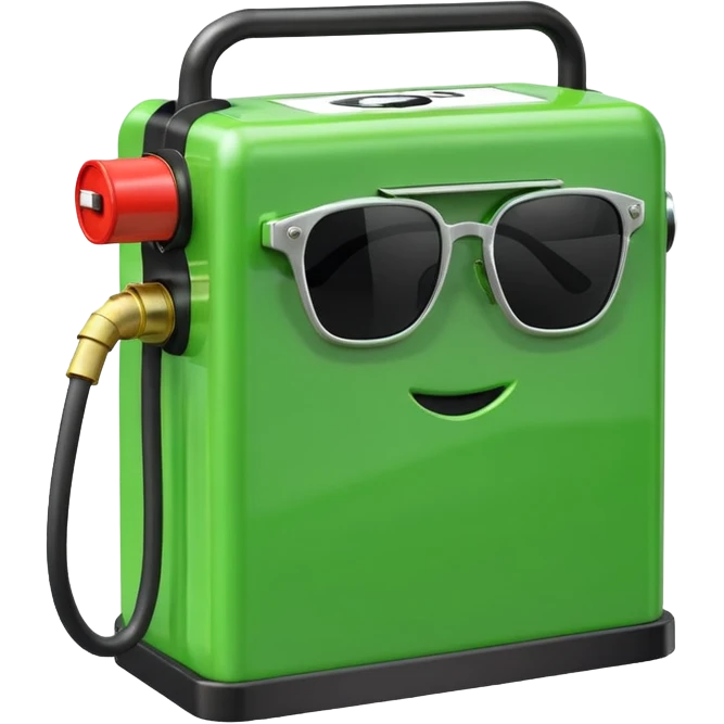 A 3D render of a green rectangular fuel pump as an inanimate object, with black sunglasses placed on its upper front panel. No face, no eyes, no character features, no anthropomorphism. Industrial product style. Clean lighting. Isolated on transparent background. emoji