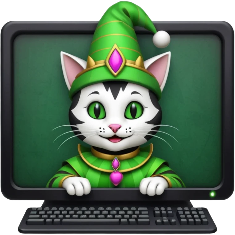 mac os icon code computer retro terminal, black, green white, fantasy court jester cat draw as ASCII code inside the terminal emoji