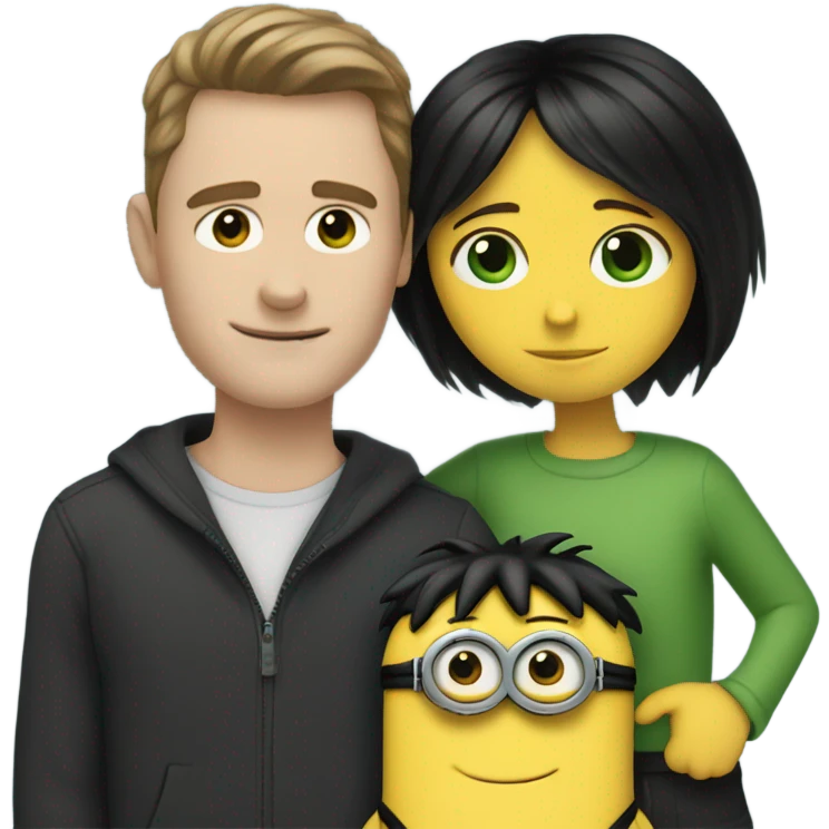 white male, brown eyes, black hair hugging and holding a minion with green eyes  emoji