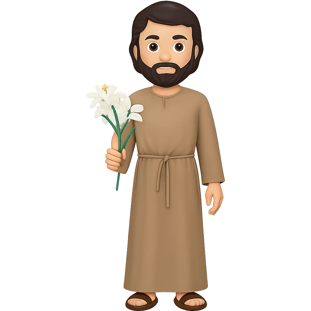Create a full body, standing front view of Saint Joseph in an emoji style. He should wear a long tan robe similar to the reference image, have dark brown hair and beard. The background should be removed, leaving only the figure. emoji