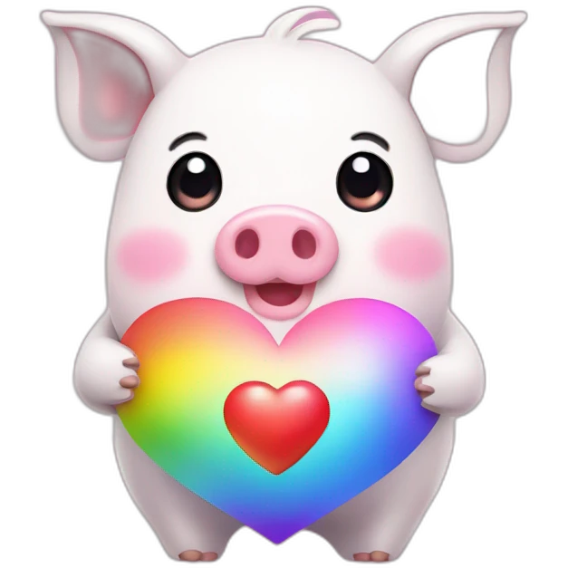 Kawaii anime pig holding rainbow heart emoji