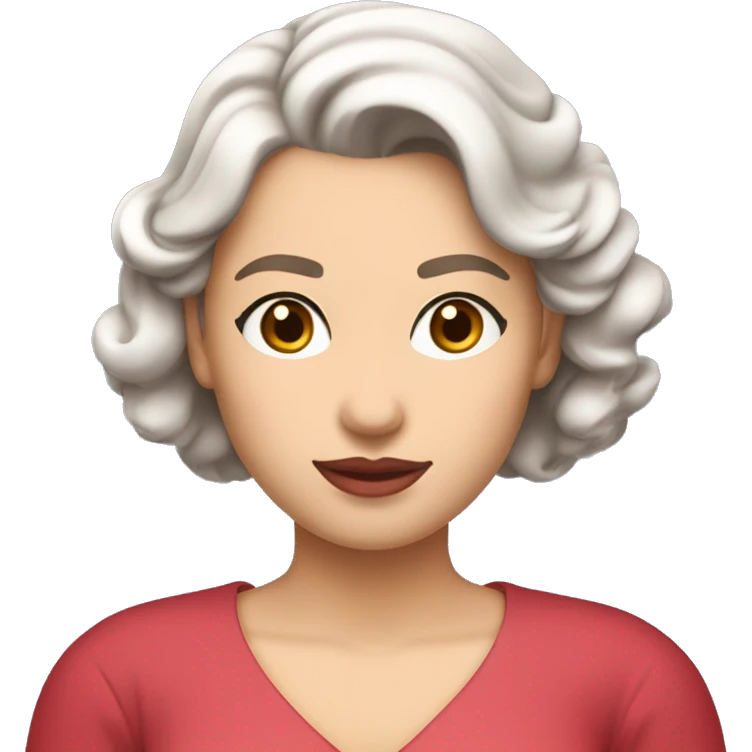 She has soft features, fair skin, and almond-shaped eyes. Her defined eyebrows and natural pink lips frame her face. Her dark, wavy hair is partly tied back, giving her an elegant yet relaxed look.  She wears a red V-neck long luxurious dress. White skin. emoji