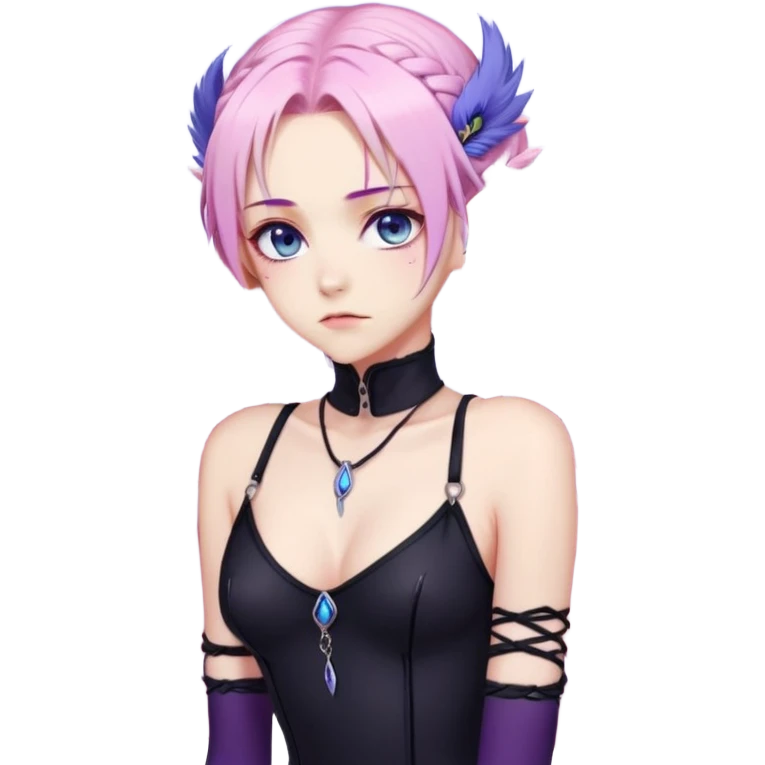 Gorgeous beautiful pretty grumpy anime lady long-pale-whitish-pastel-pink-hair with one braid on each side, hanging purple feather-ear-cuffs with pink tips in hair, black bodysuit, blue eyes, pink iris, ethereal, fashion aesthetic  emoji