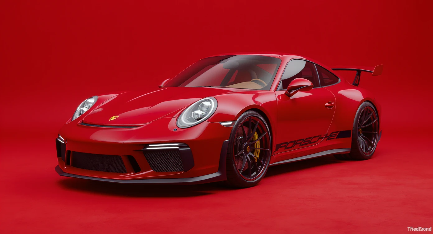 Medium shot of a porsche 911 made of russian capret, red solid studio background, low keu light, top soft light, dutch angle,  captured by arri alexa emoji