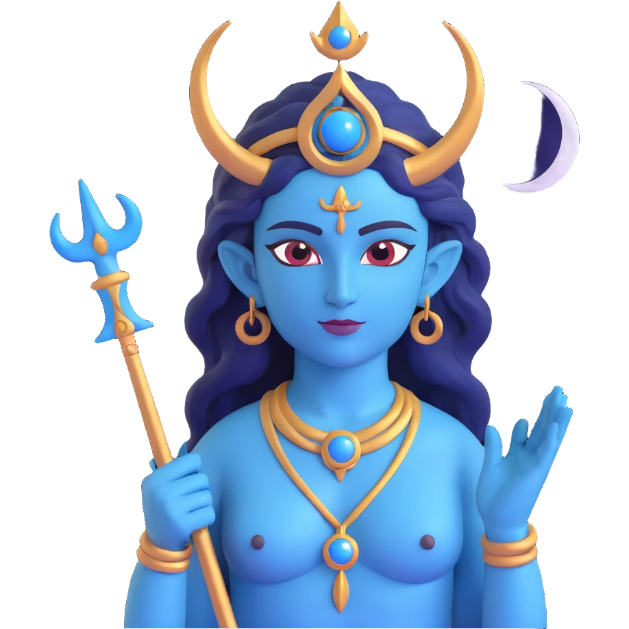 Shiva emoji, blue-skinned deity with a third eye, crescent moon in hair, holding a trident, serene expression emoji